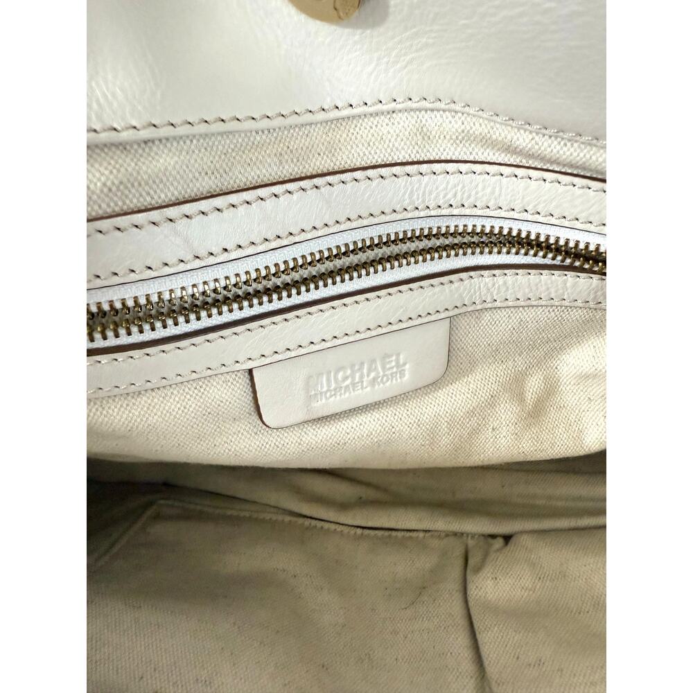 Michael Kors Straw Woven White Leather Shoulder Bag Gold Multiple Pockets - Picture 6 of 11